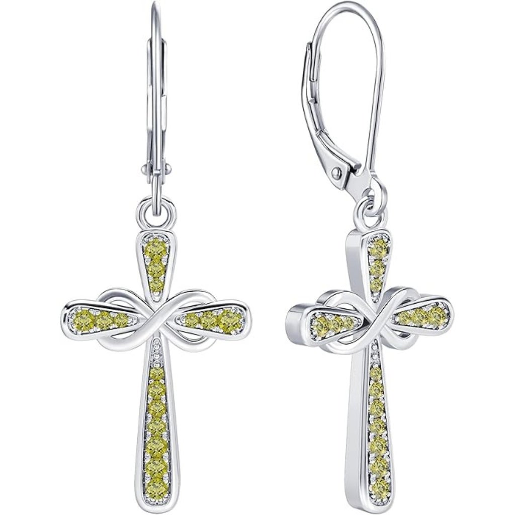 Cross Silver Infinity Dangle Drop Earrings Birthstone - 08-Peridot-Aug